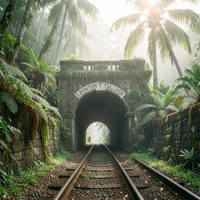 Tropical light on Sri Lankan colonial decay, British-era railway tunnel entrance