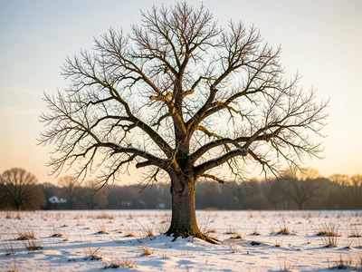 Single oak tree standing in a snow-covered field, bare branches against a pale s