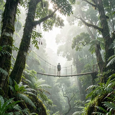 Monteverde cloud forest, filtered canopy light, Suspension bridge disappearing i