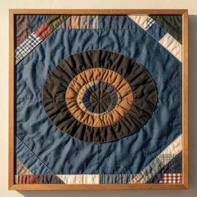 A volcanic island with concentric rings of brown and black fabric, ocean in indi