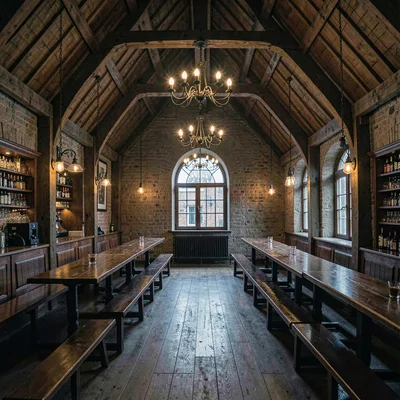 Atmospheric wide of a traditional beer hall with vaulted timber ceiling, long co