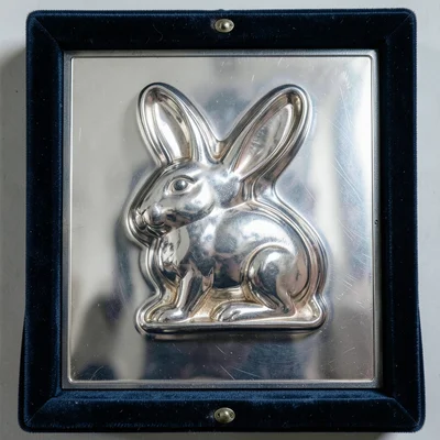 A cast-iron chocolate mold in the shape of a rabbit, photographed on polished si