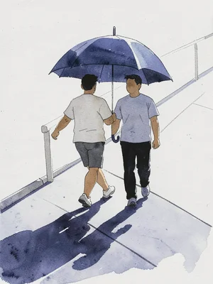 Two people walking under one umbrella, strong diagonal shadow on pavement