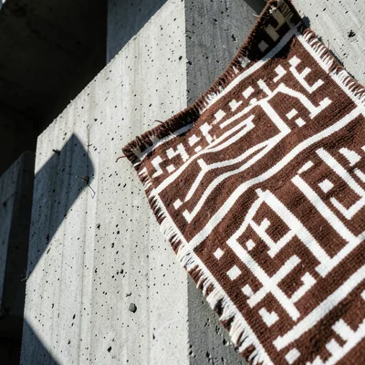 Mud cloth (bògòlanfini) textile close-up, geometric brown and white patterns, ha