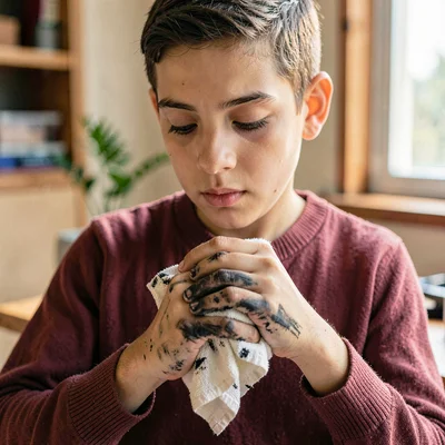 Vertical portrait of a student wiping graphite-blackened fingers on a rag
