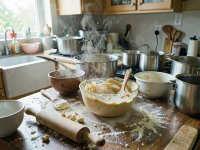 Flour-dusted counter with rolling pin mid-bake
