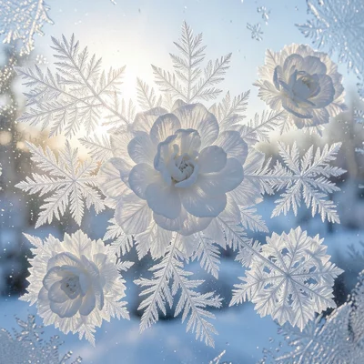 Ice flowers — thick crystalline rosettes like white roses blooming on cold glass