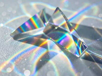 Overlapping rainbow caustic patterns from two prisms crossing on frosted glass s