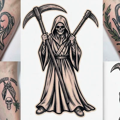 Traditional tattoo flash illustration, Grim reaper with scythe , bold black outl