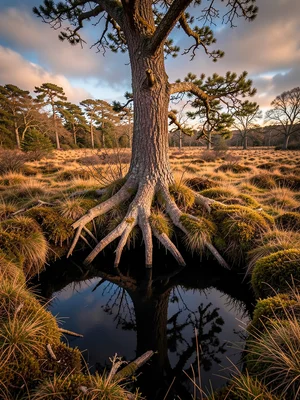 Ancient bog oak — exposed root system of a preserved ancient tree protruding fro