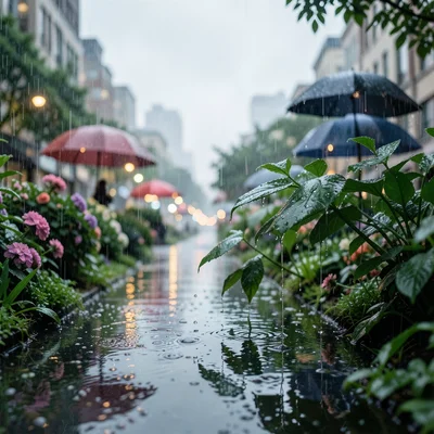 A garden in the rain, flowers bowing under the weight of water, each leaf a tiny