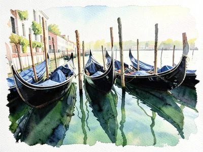 A row of Venetian gondolas tied at their moorings, their reflections loose washe