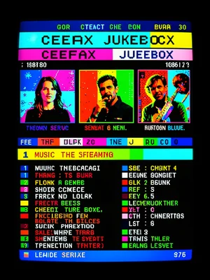Music streaming as Ceefax jukebox page, album art in 8 colors, track listings