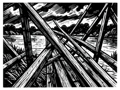 Bridge over a river in a storm, planks and girders as harsh diagonal gouges