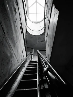 A stairwell in an old building spiraling upward, a hand on the railing, light fr
