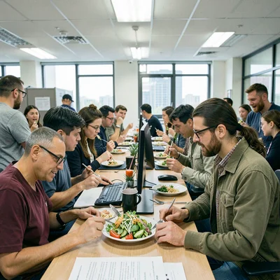 Sad desk salad being eaten while typing at a computer