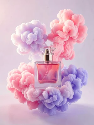 Grandmother's perfume shown as soft pink and violet swirling clouds