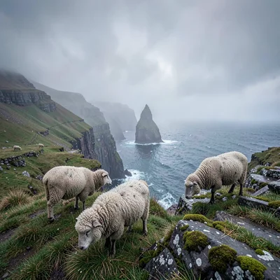Highland atmospheric mist, Skye grey-green-purple, Sheep grazing on cliff edge, 