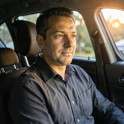 Three-quarter portrait of a calm instructor in the passenger seat, soft directio
