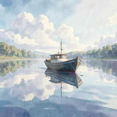 Painterly ambient vista of a boat drifting on a still lake reflecting clouds
