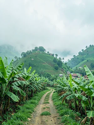 Emerald green hills through morning mist in Kigali, Rwanda, Clean-swept village 