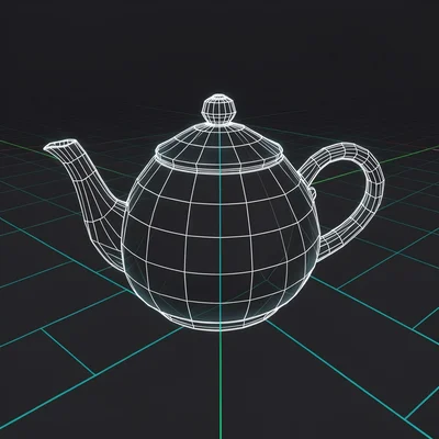 A wireframe teapot on a reference grid — the classic 3D benchmark form in glowin