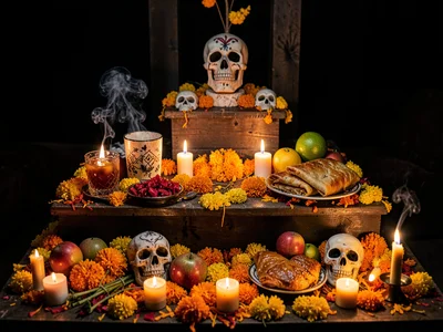 Food and drink offerings on altar tier