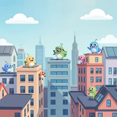 Flat vector promo banner of a city skyline with playful AR creatures perched on