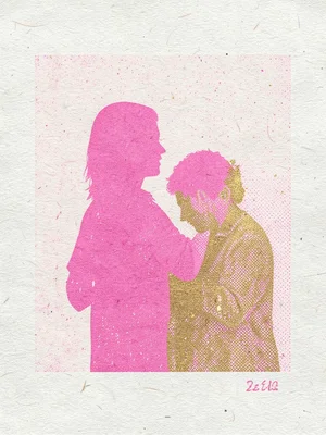 Risograph print of mother-and-child silhouette, pink and gold ink overlap