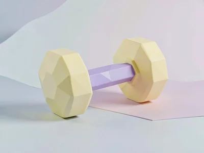 Weighted butter-yellow lowpoly dumbbell with chunky cream weight discs and a fac