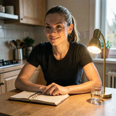 Sigrid-lampline portrait of a long-distance runner at a small kitchen table with