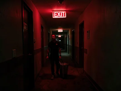 Insomniac in hotel hallway 4am, EXIT sign the only light, ice bucket pilgrimage