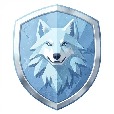 Flat geometric faction crest of a frost wolf inside a rounded shield, icy blue a