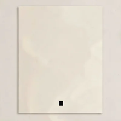 Minimal vertical layout on warm cream with a single small black square anchored