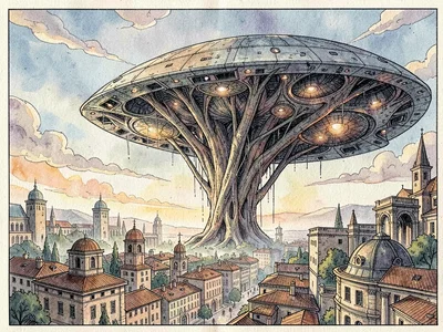 Organic spaceship over city