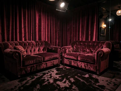 Velvet underground club interior, dim lights on plush surfaces