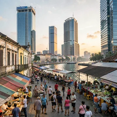 Casco Viejo restoration meeting modern Panama City, Fish market at dawn on the w