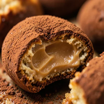 The surface of a chocolate truffle dusted with cocoa powder, one bite taken reve