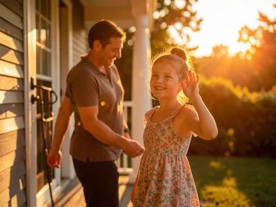 Adult child leaving parents' porch after visit, turning to wave, golden light ca