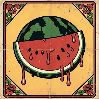 Mexican lotería card illustration, a watermelon slice dripping with juice , bold