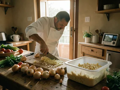 A prep cook breaking down a case of produce at 6am before service, fifty pounds 