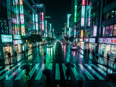 A rainy night in Shinjuku, crossing signals reflecting green in the flooded cros