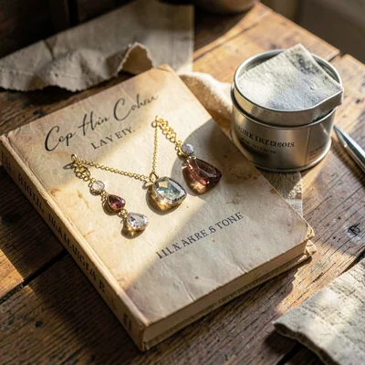 Cozy still life of an old jewelry catalog beside a tin of polish cloths, warm af