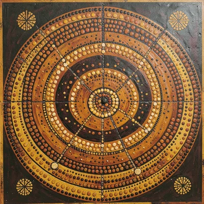 Indigenous Australian dot painting illustration, the emu constellation mapped in