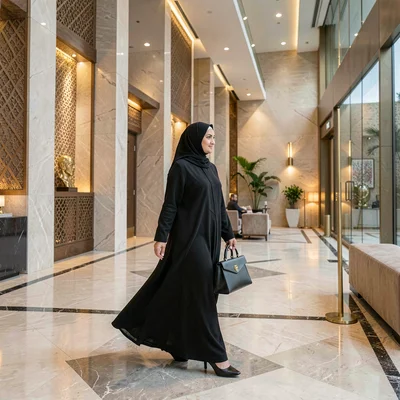 Contemporary Gulf photograph with heritage contrasts, Woman in elegant black aba
