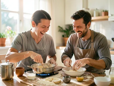 Couple cooking breakfast together in a sun-filled apartment, flour on their hand