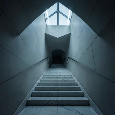 Spiral staircase viewed from directly below, geometric pattern receding to a sky