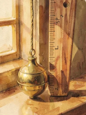 Warm still-life of a brass plumb-bob hanging beside a wooden ruler, golden windo