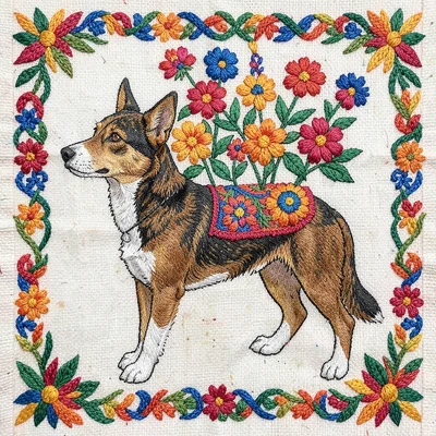 Otomi Tenango embroidery illustration, a dog with flowers growing from its back 