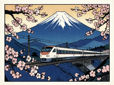 A bullet train passing Mount Fuji, rendered in flat perspective, cherry blossoms